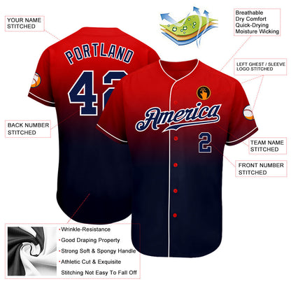 Custom Red Navy-White Authentic Fade Fashion Baseball Jersey
