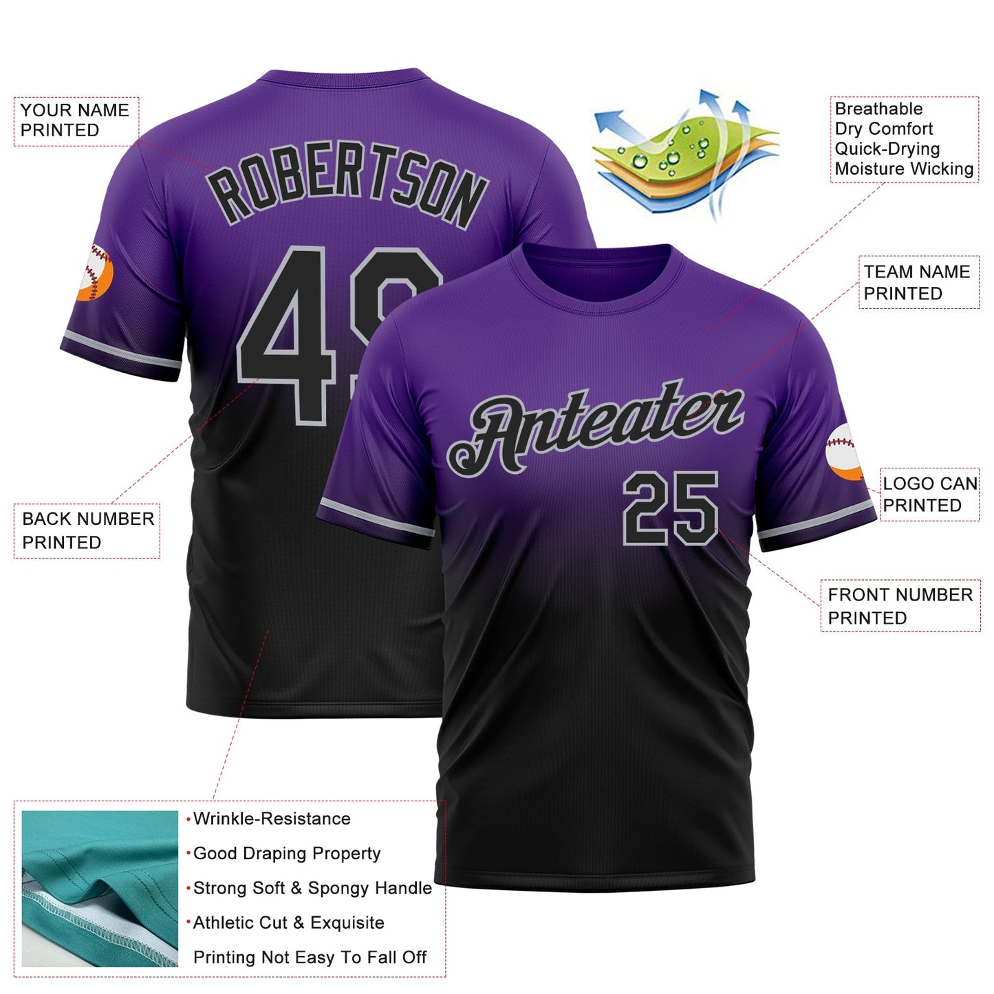 Custom Purple Black-Gray Fade Fashion Performance T-Shirt