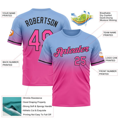 Custom Light Blue Pink-Black Fade Fashion Performance T-Shirt
