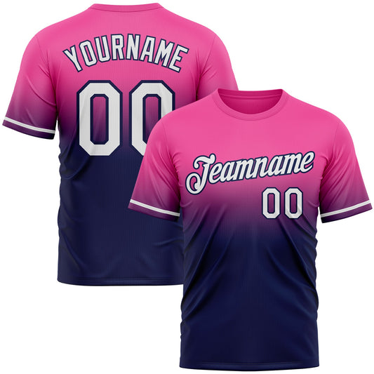 Custom Pink White-Navy Fade Fashion Performance T-Shirt