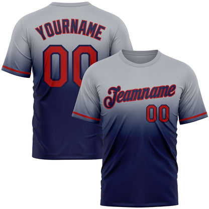 Custom Gray Red-Navy Fade Fashion Performance T-Shirt