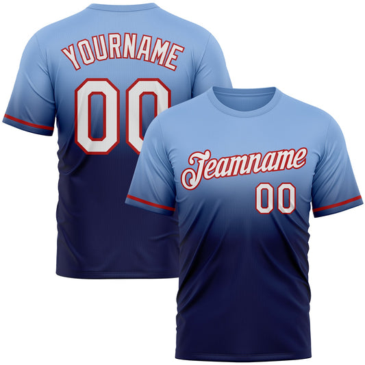 Custom Light Blue Navy-Red Fade Fashion Performance T-Shirt