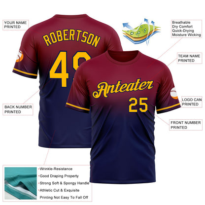 Custom Maroon Gold-Navy Fade Fashion Performance T-Shirt