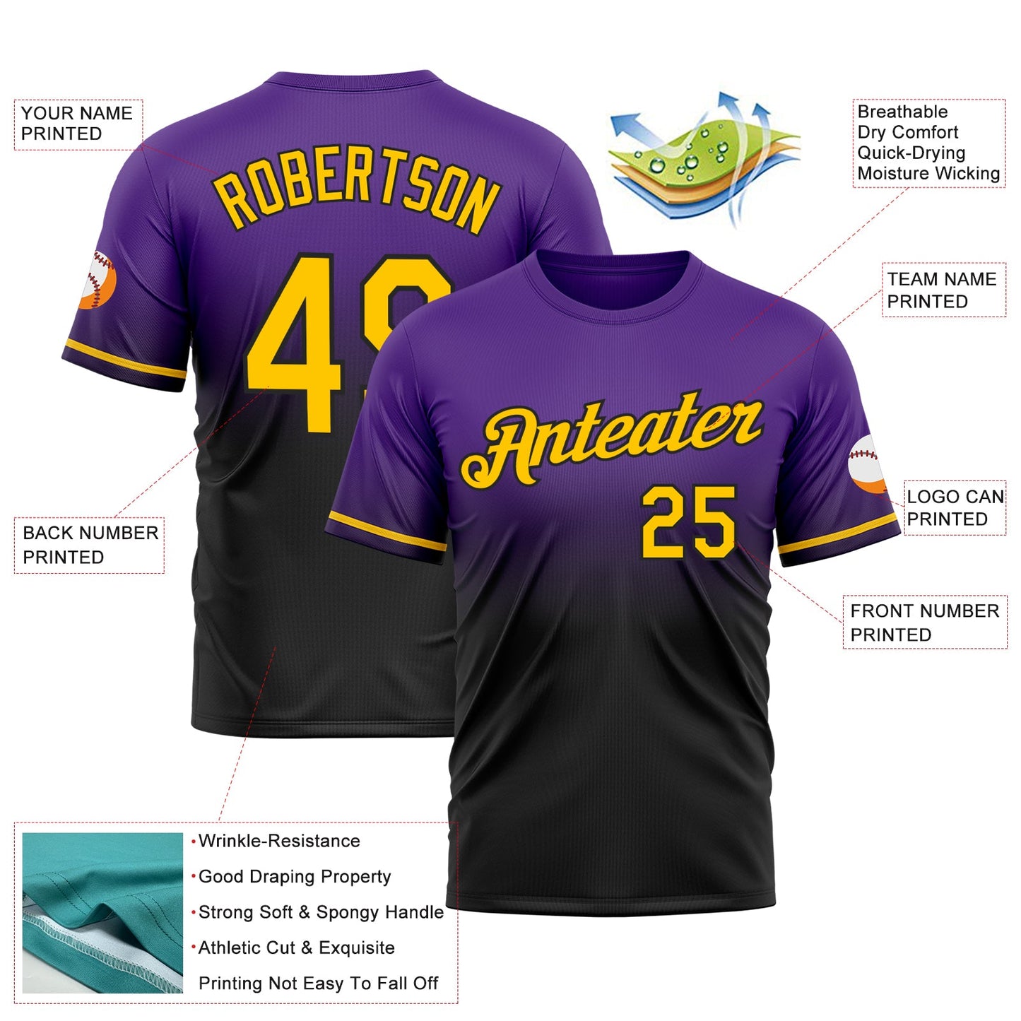 Custom Purple Yellow-Black Fade Fashion Performance T-Shirt