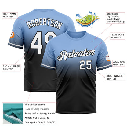 Custom Light Blue White-Black Fade Fashion Performance T-Shirt