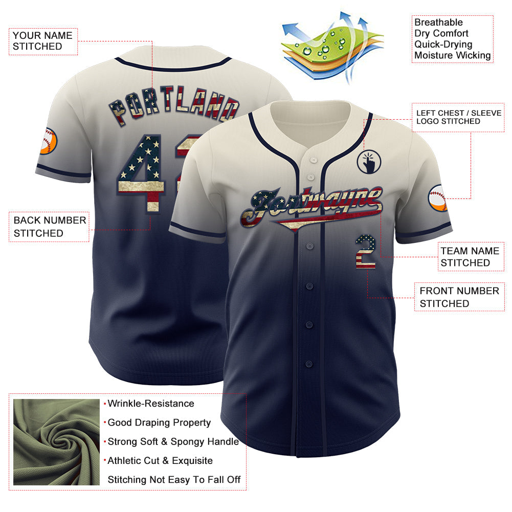 Custom Cream Vintage USA Flag-Navy Authentic Fade Fashion Baseball Jersey