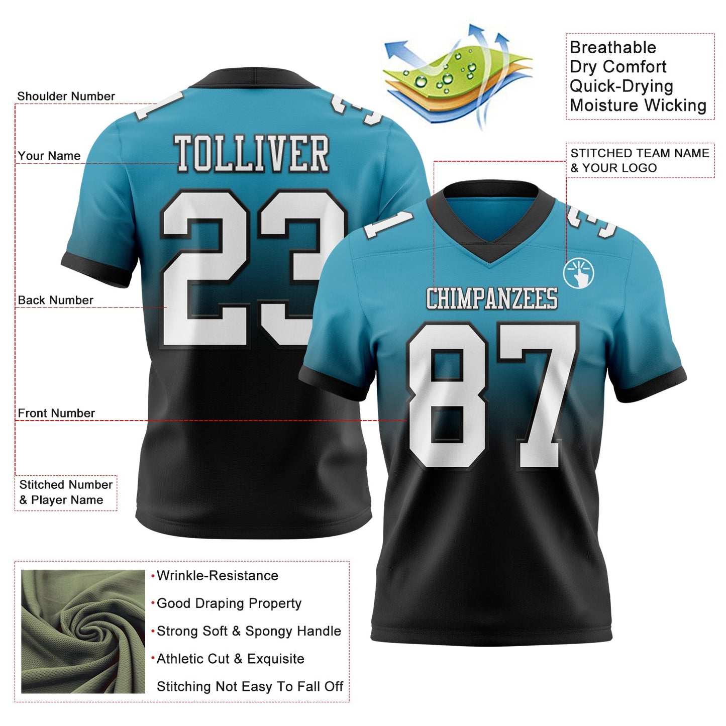 Custom Panther Blue White Black Authentic Fade Fashion Football Jersey