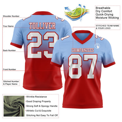 Custom Light Blue White-Red Authentic Fade Fashion Football Jersey