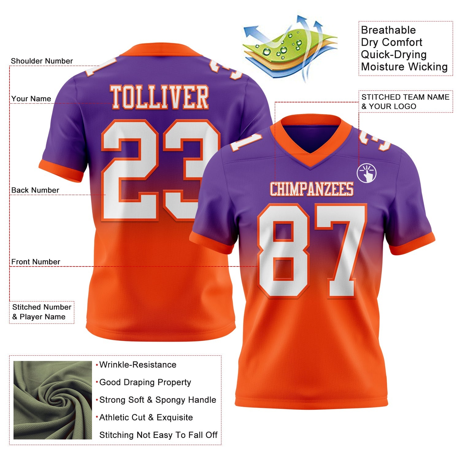Custom Purple White-Orange Authentic Fade Fashion Football Jersey