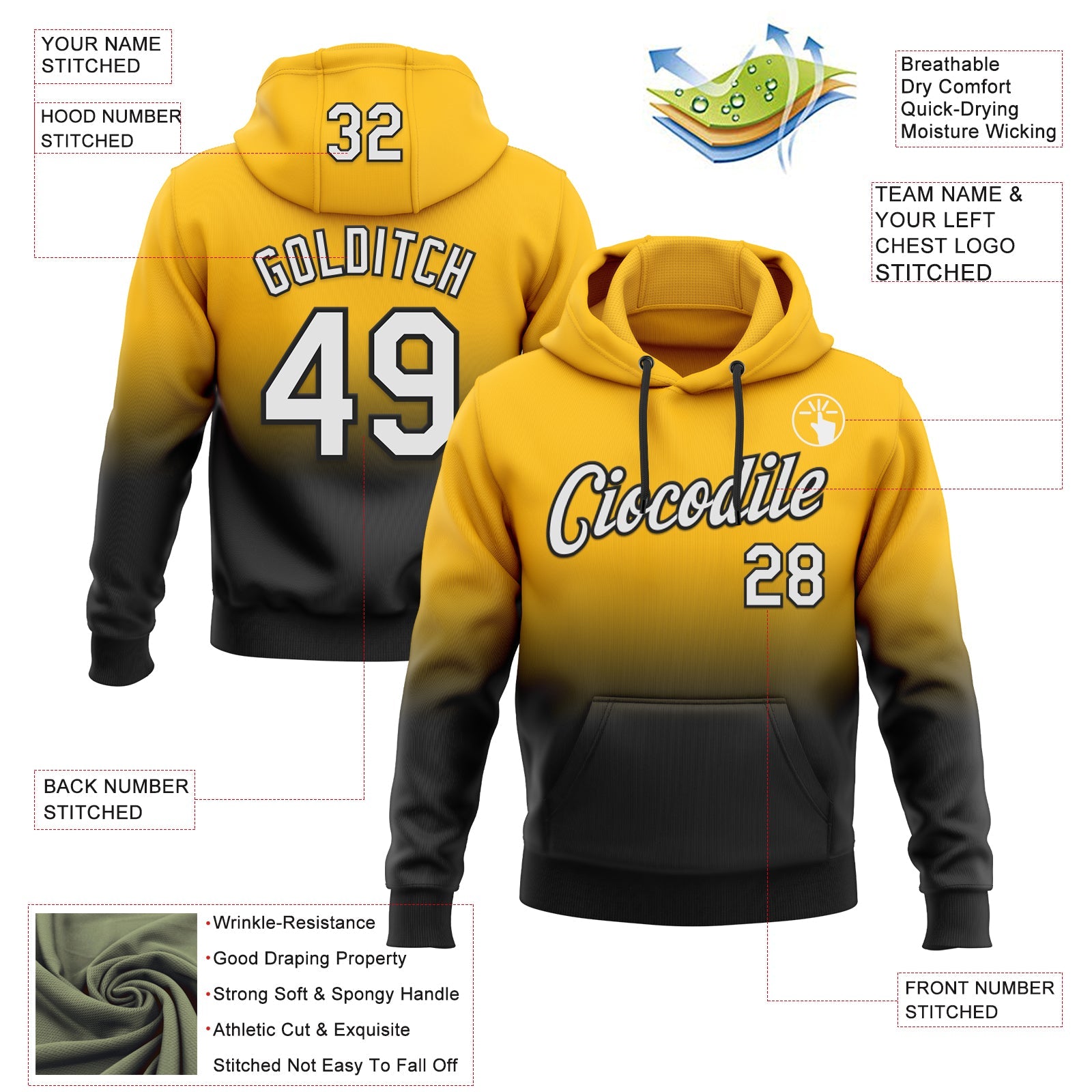 Custom Stitched Gold White-Black Fade Fashion Sports Pullover Sweatshirt Hoodie