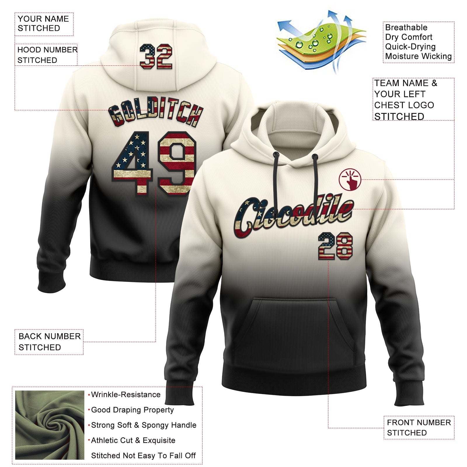 Custom Stitched Cream Vintage USA Flag-Black Fade Fashion Sports Pullover Sweatshirt Hoodie