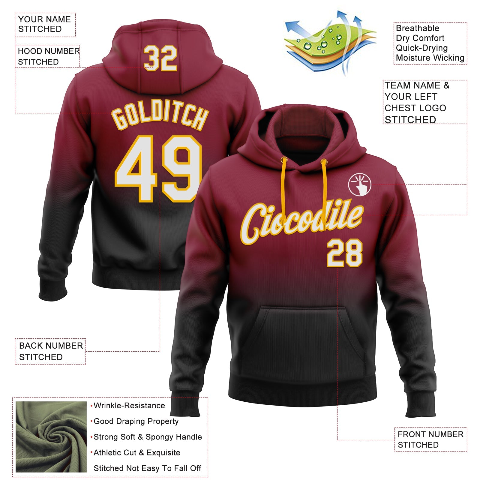 Custom Stitched Crimson White Black-Gold Fade Fashion Sports Pullover Sweatshirt Hoodie