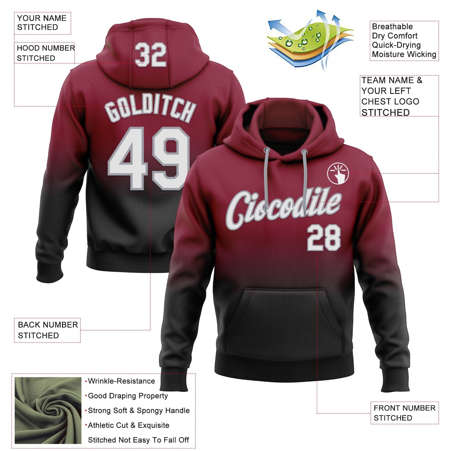 Custom Stitched Crimson White Black-Gray Fade Fashion Sports Pullover Sweatshirt Hoodie