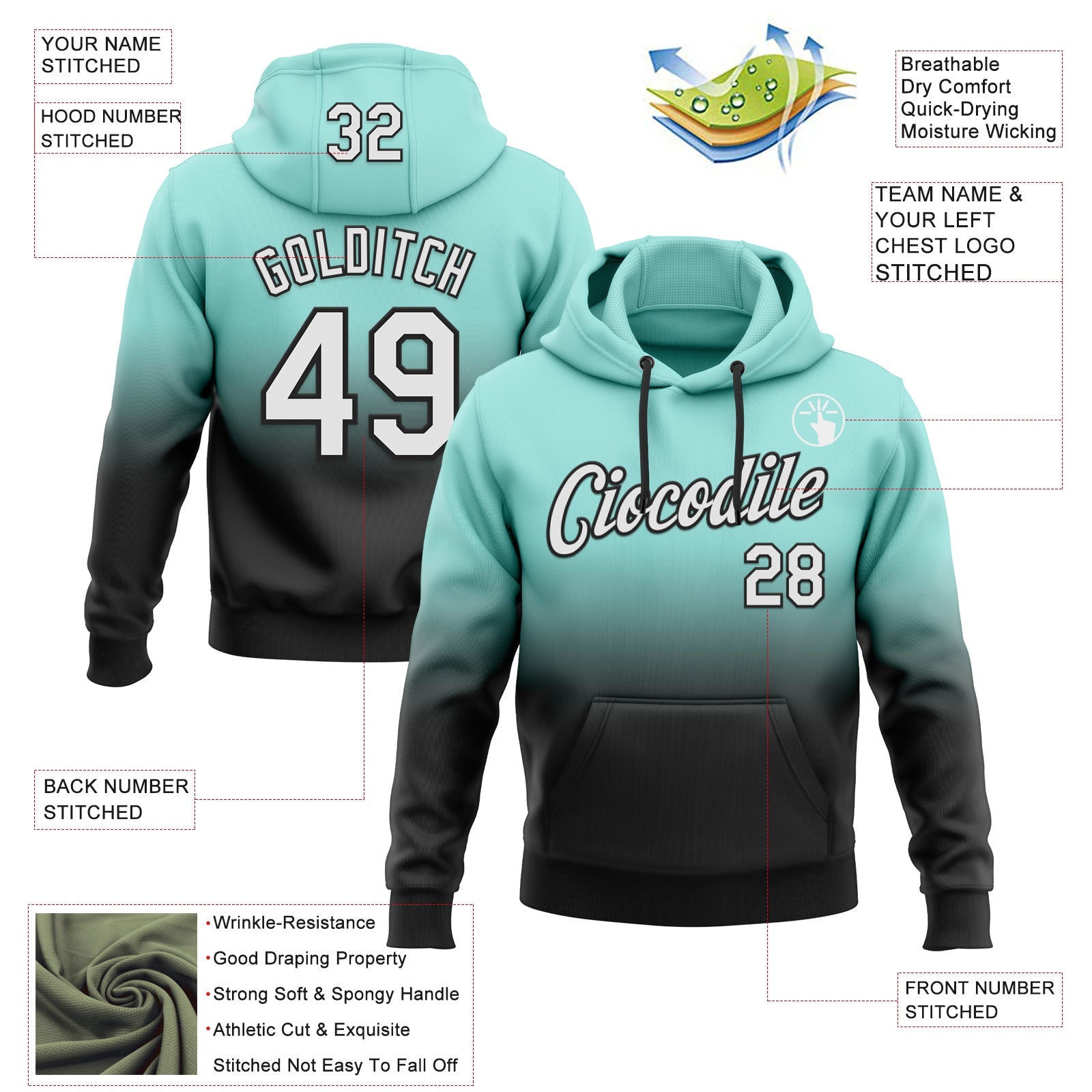 Custom Stitched Ice Blue White-Black Fade Fashion Sports Pullover Sweatshirt Hoodie
