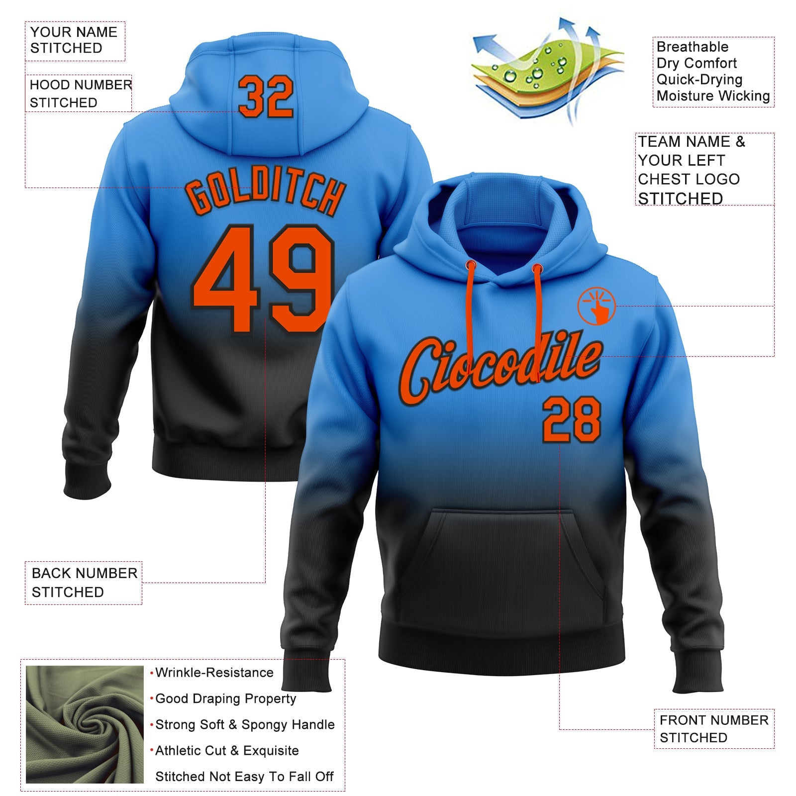 Custom Stitched Powder Blue Orange-Black Fade Fashion Sports Pullover Sweatshirt Hoodie