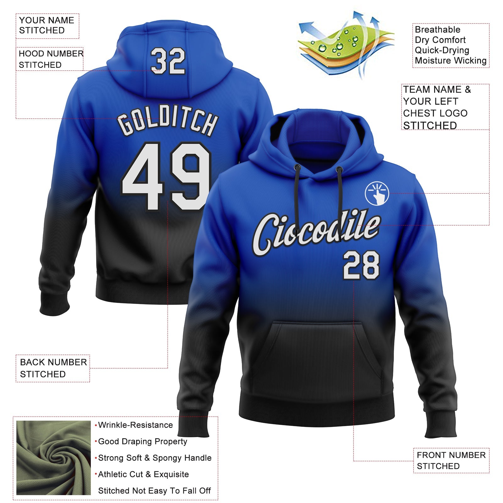 Custom Stitched Thunder Blue White-Black Fade Fashion Sports Pullover Sweatshirt Hoodie