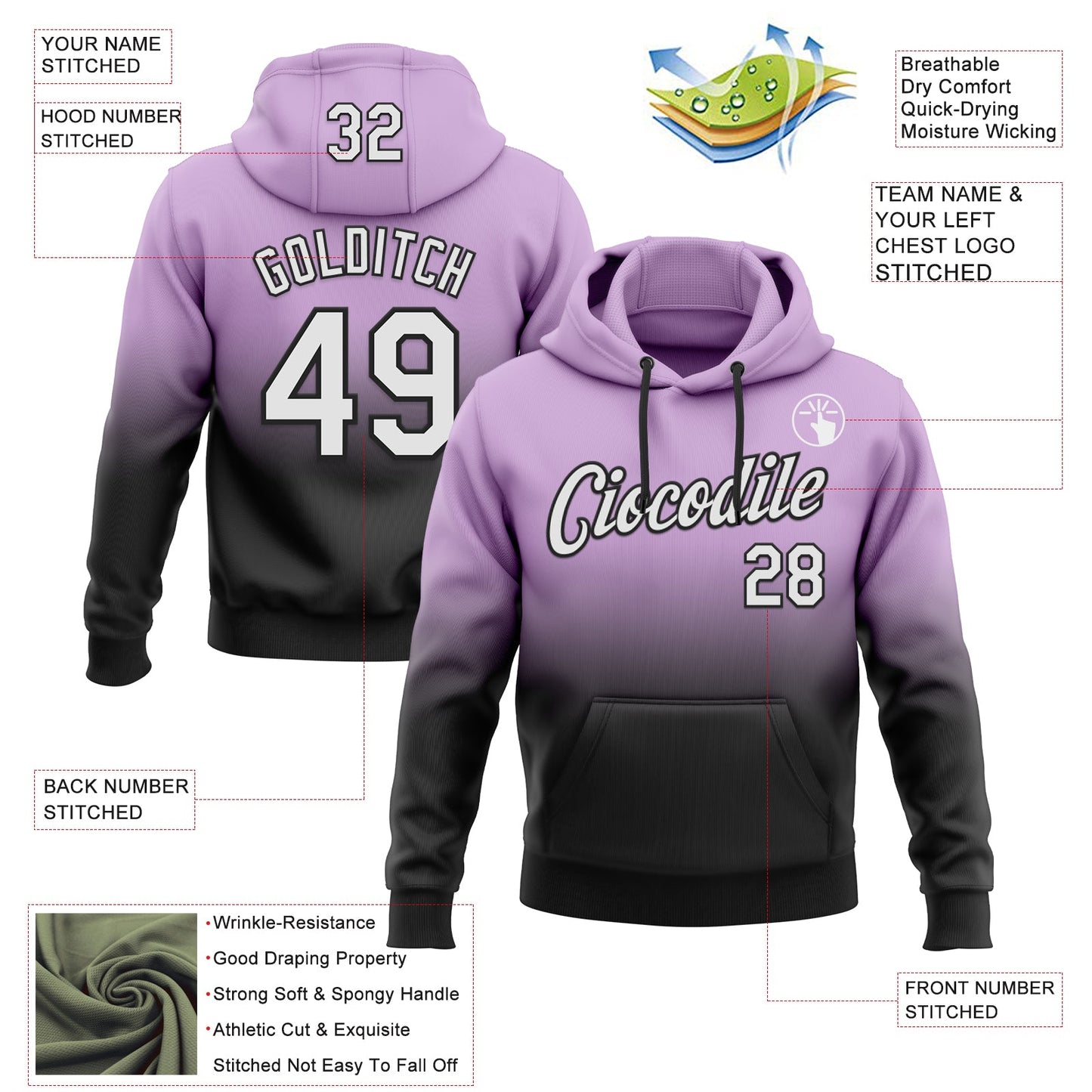 Custom Stitched Light Purple White-Black Fade Fashion Sports Pullover Sweatshirt Hoodie
