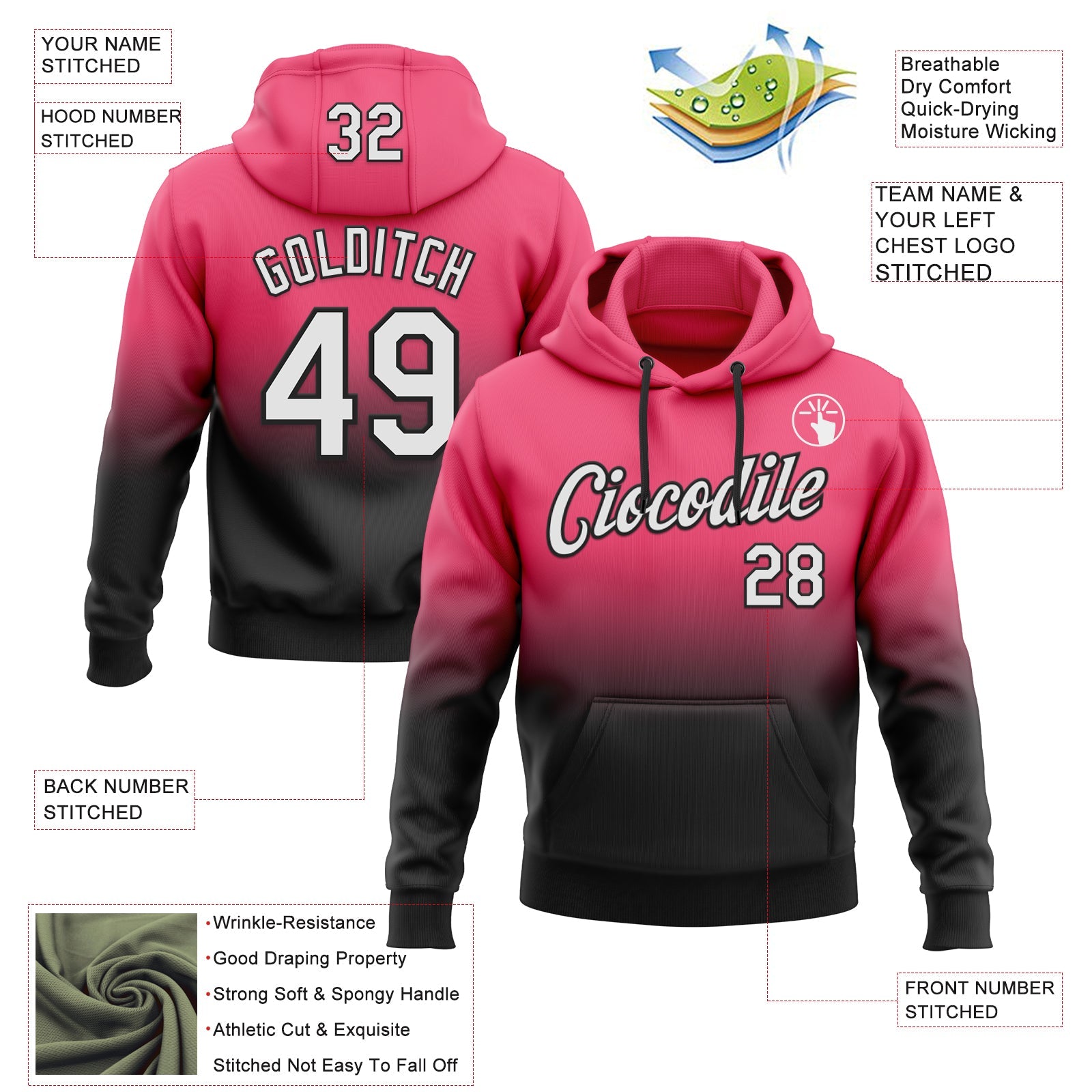 Custom Stitched Neon Pink White-Black Fade Fashion Sports Pullover Sweatshirt Hoodie