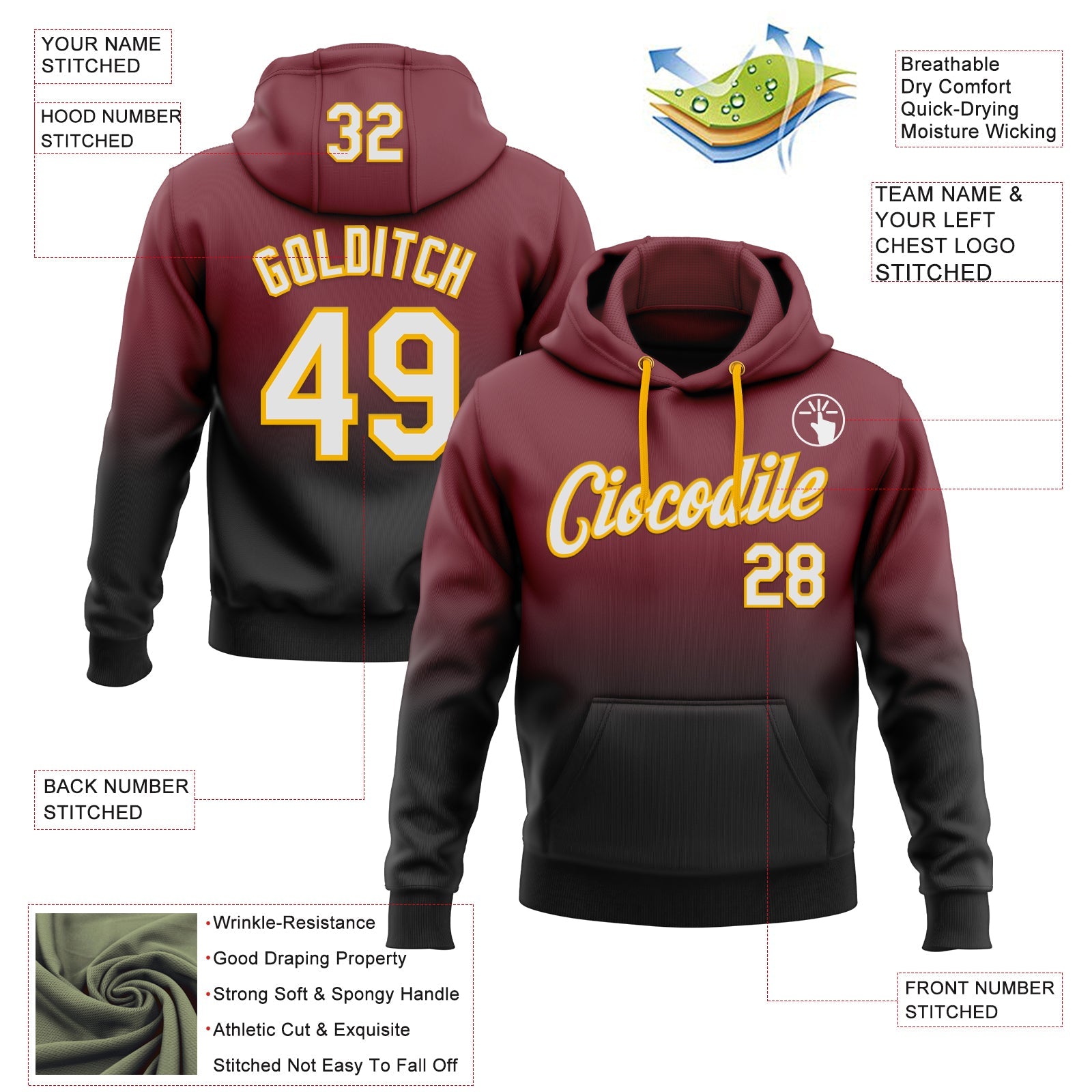 Custom Stitched Burgundy White Black-Gold Fade Fashion Sports Pullover Sweatshirt Hoodie