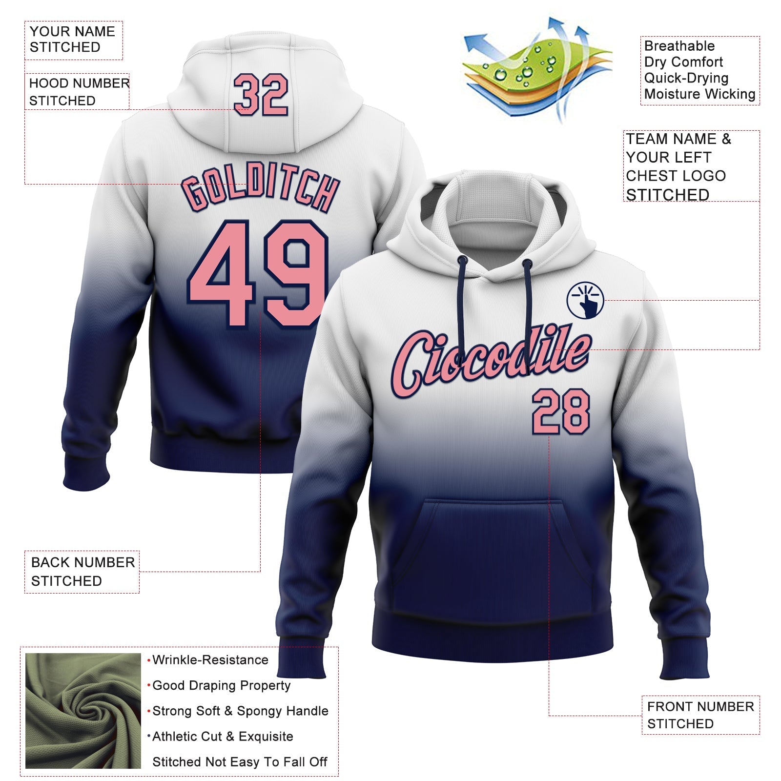 Custom Stitched White Medium Pink-Navy Fade Fashion Sports Pullover Sweatshirt Hoodie