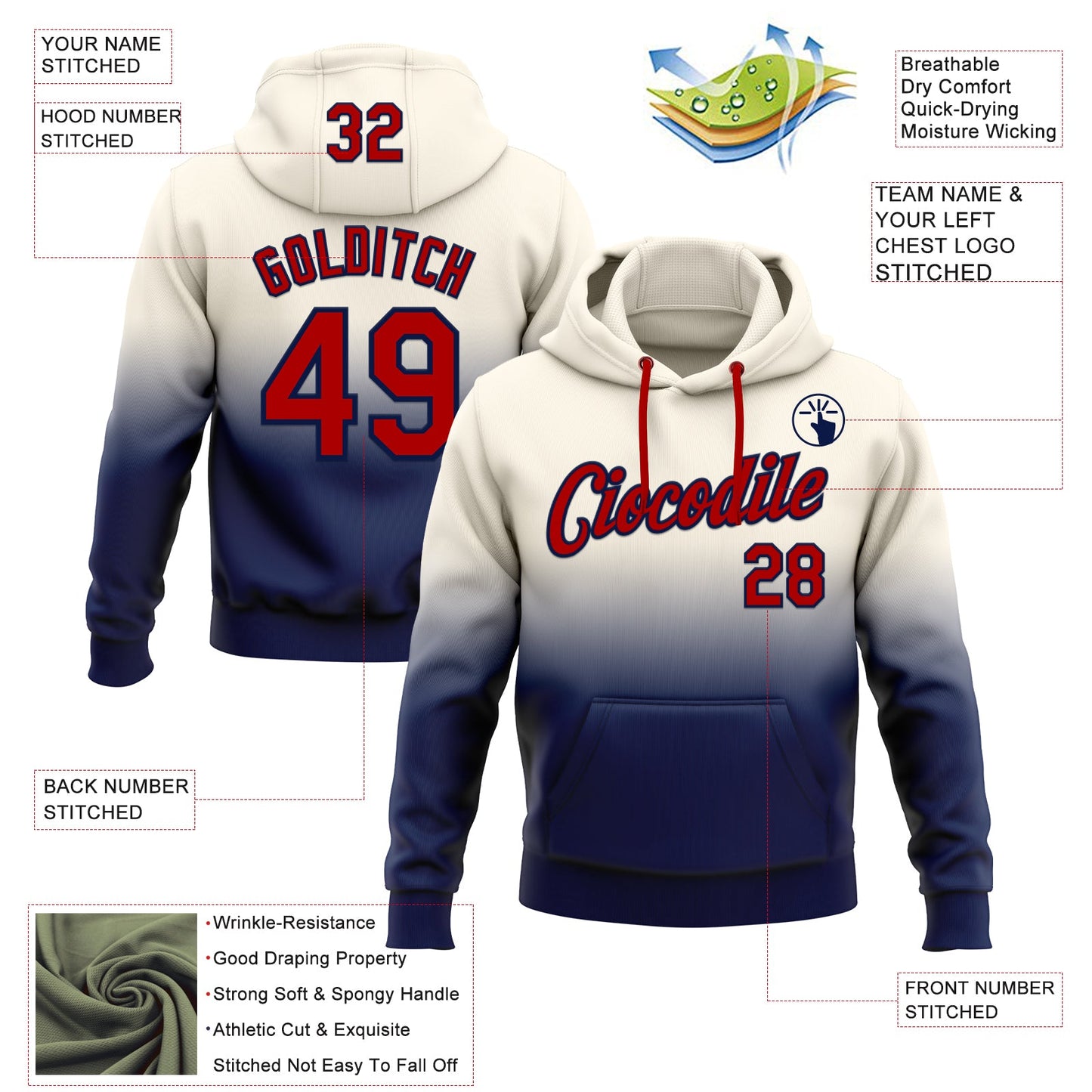 Custom Stitched Cream Red-Navy Fade Fashion Sports Pullover Sweatshirt Hoodie