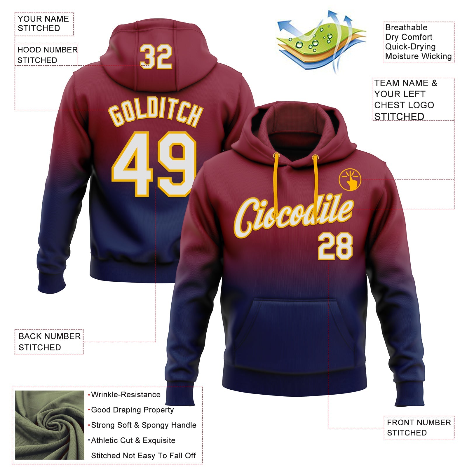 Custom Stitched Crimson White Navy-Gold Fade Fashion Sports Pullover Sweatshirt Hoodie