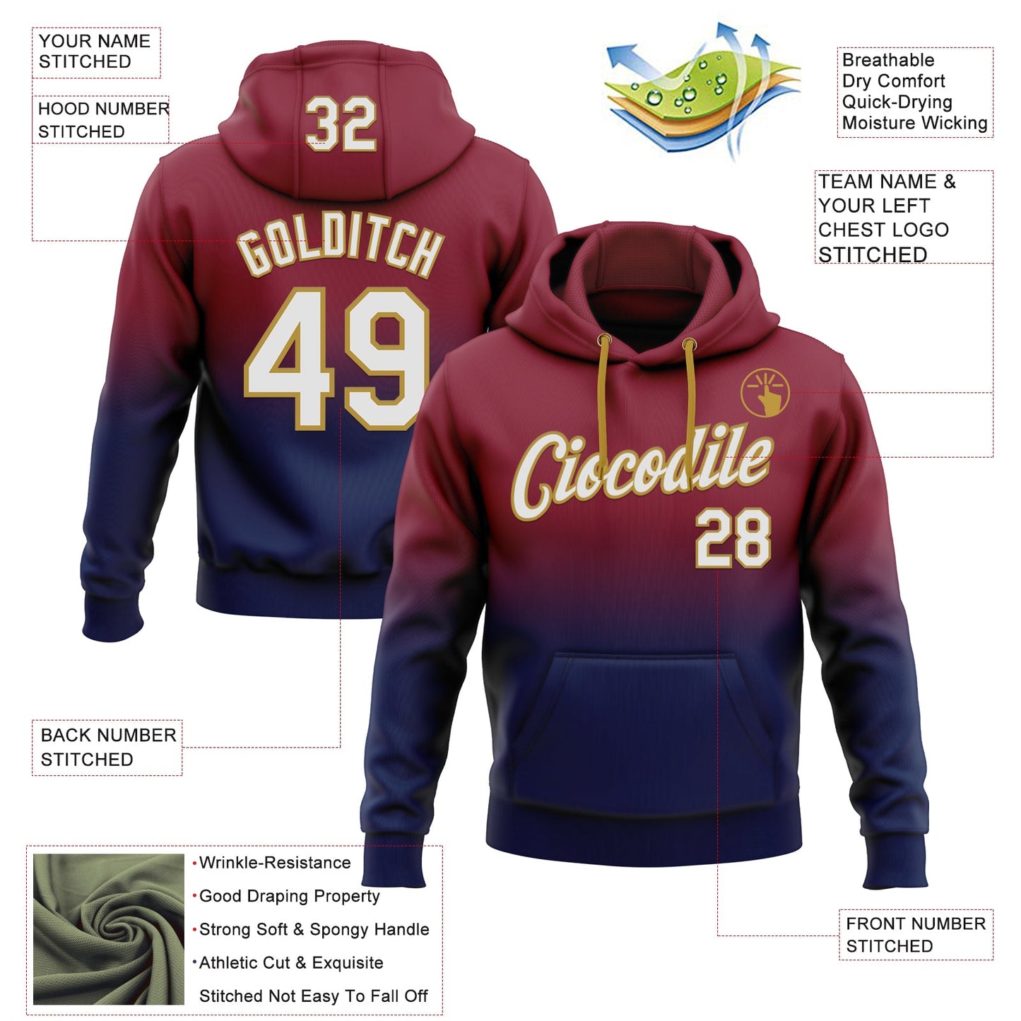 Custom Stitched Crimson White Navy-Old Gold Fade Fashion Sports Pullover Sweatshirt Hoodie