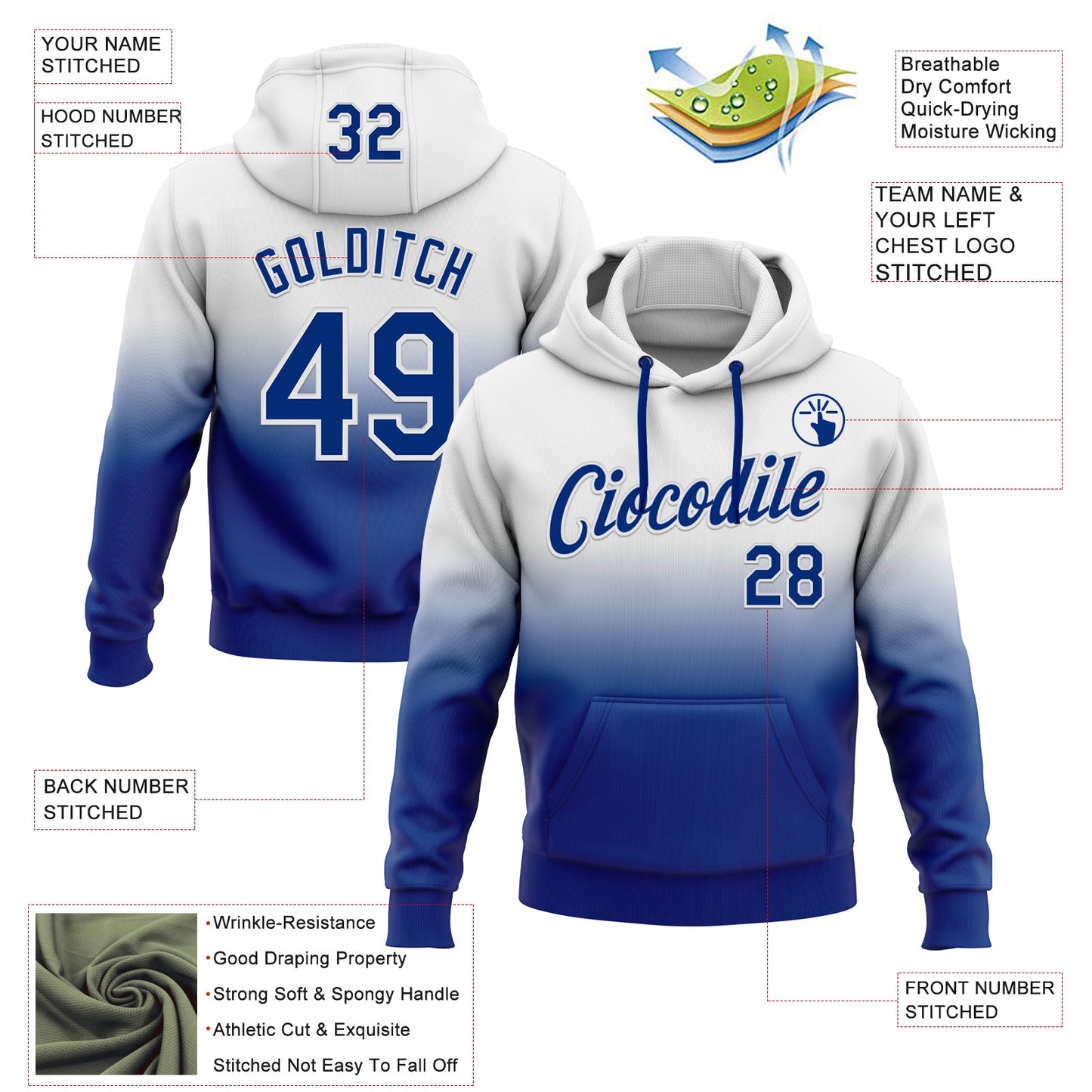 Custom Stitched White Royal Fade Fashion Sports Pullover Sweatshirt Hoodie