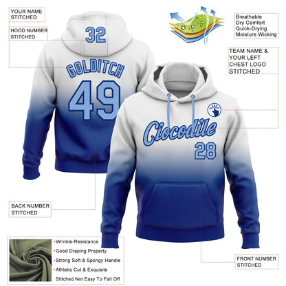 Custom Stitched White Light Blue-Royal Fade Fashion Sports Pullover Sweatshirt Hoodie