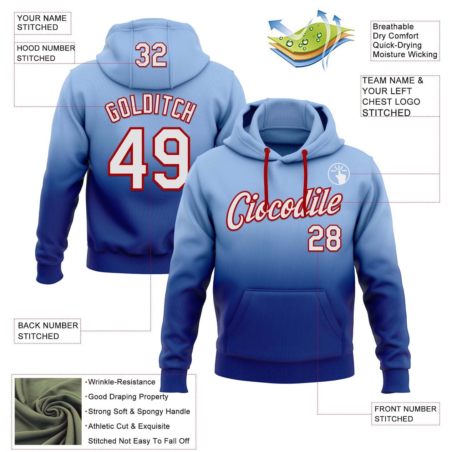 Custom Stitched Light Blue White Royal-Red Fade Fashion Sports Pullover Sweatshirt Hoodie