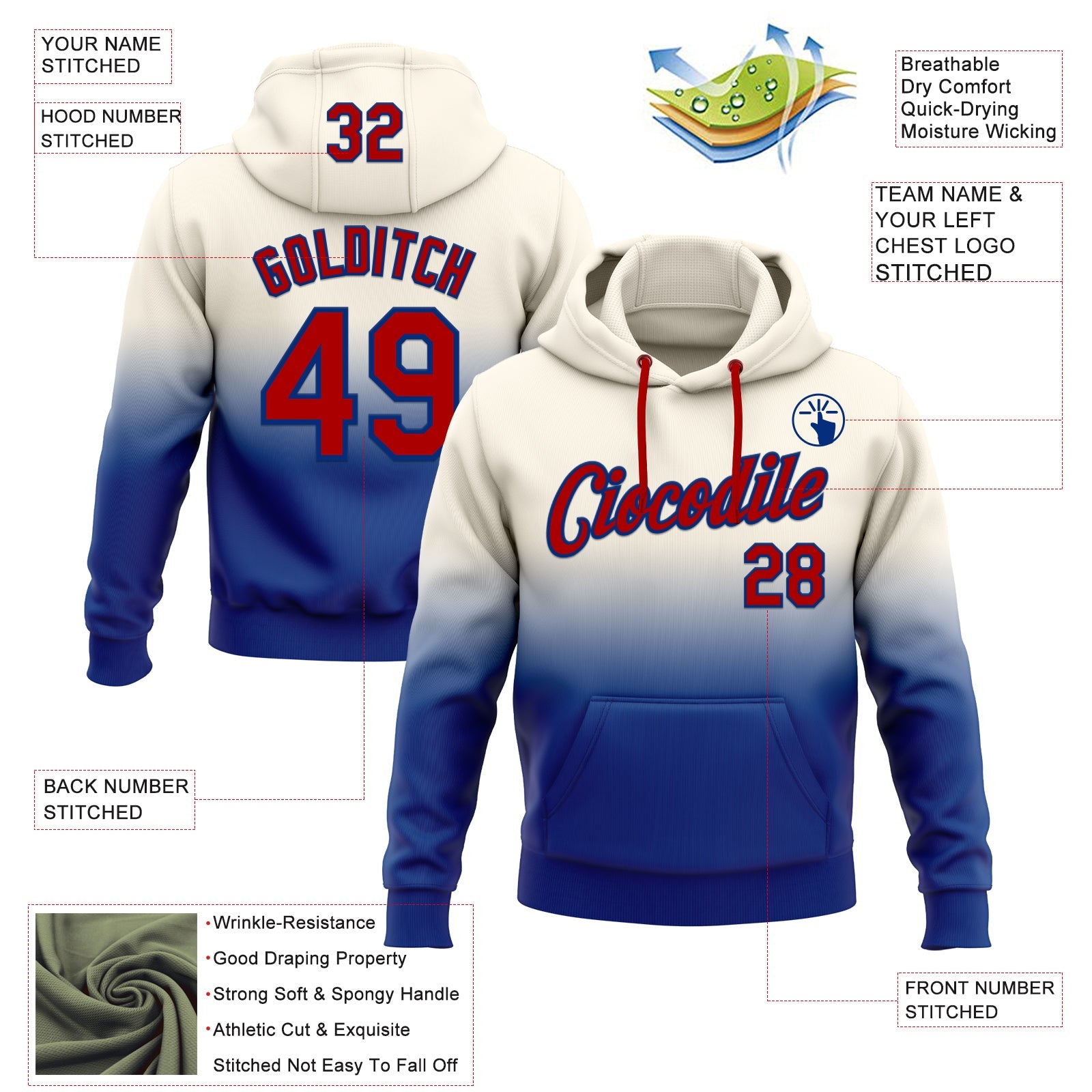 Custom Stitched Cream Red-Royal Fade Fashion Sports Pullover Sweatshirt Hoodie