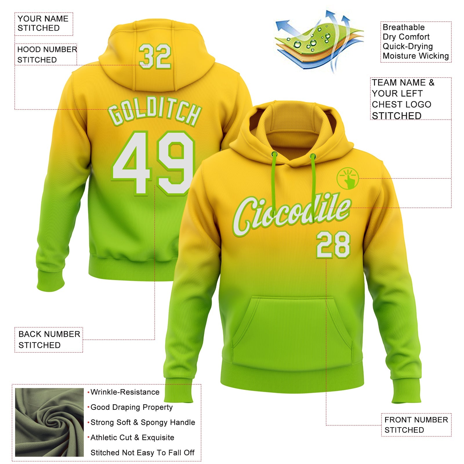 Custom Stitched Yellow White-Neon Green Fade Fashion Sports Pullover Sweatshirt Hoodie