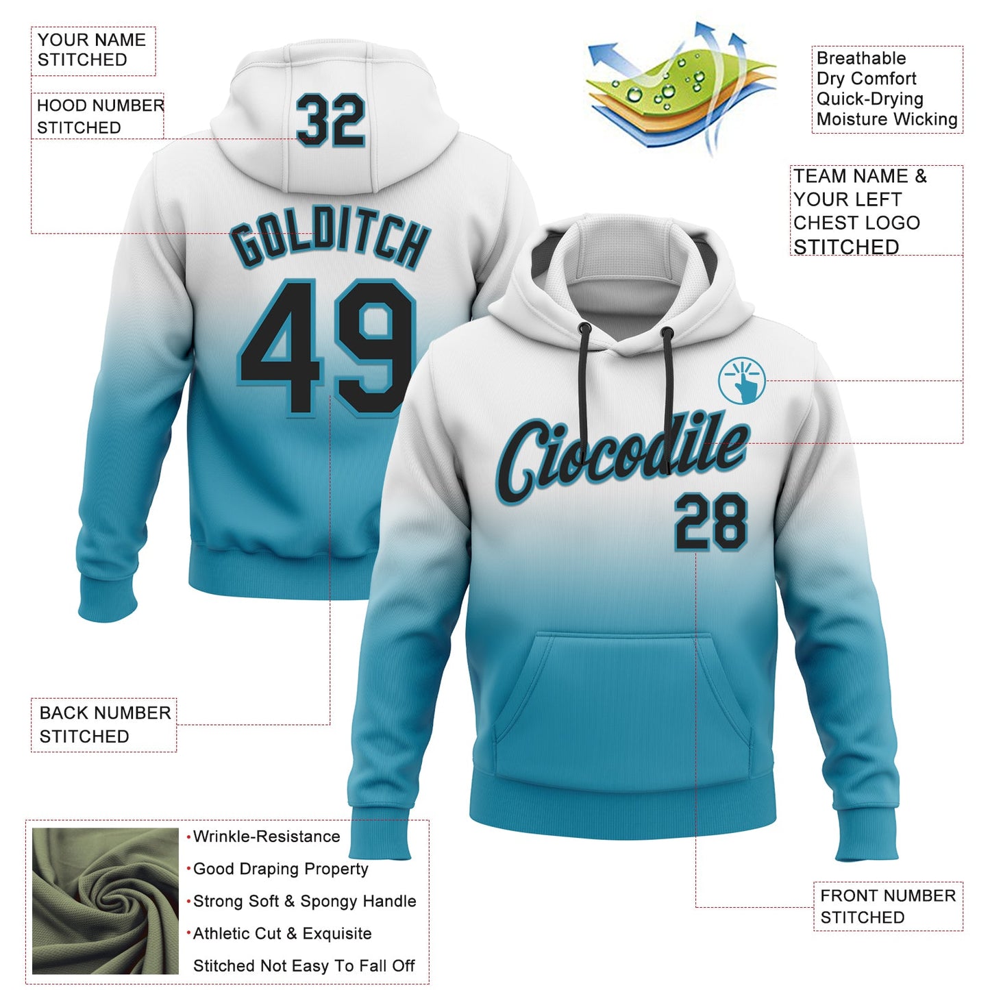 Custom Stitched White Black-Panther Blue Fade Fashion Sports Pullover Sweatshirt Hoodie