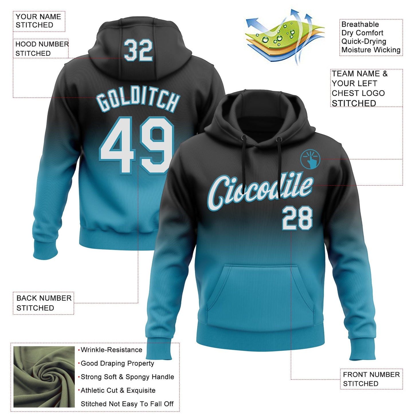 Custom Stitched Black White-Panther Blue Fade Fashion Sports Pullover Sweatshirt Hoodie