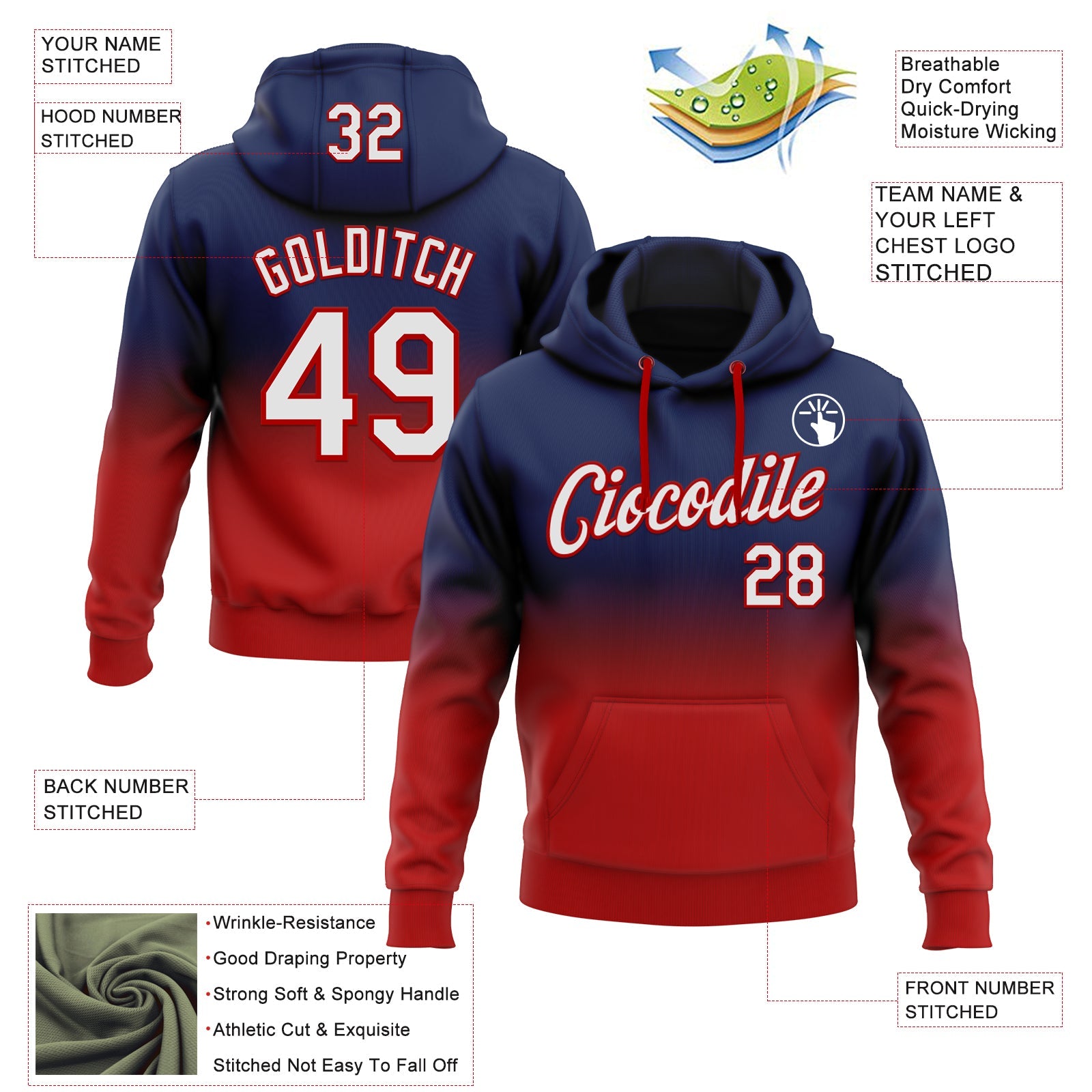 Custom Stitched Navy White-Red Fade Fashion Sports Pullover Sweatshirt Hoodie