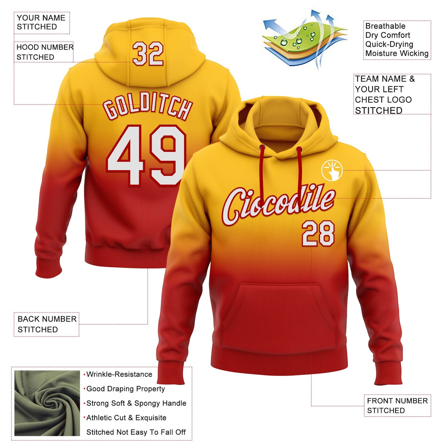 Custom Stitched Gold White-Red Fade Fashion Sports Pullover Sweatshirt Hoodie