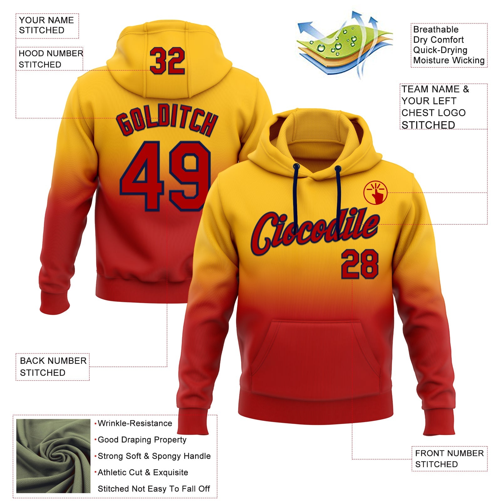 Custom Stitched Gold Red-Navy Fade Fashion Sports Pullover Sweatshirt Hoodie