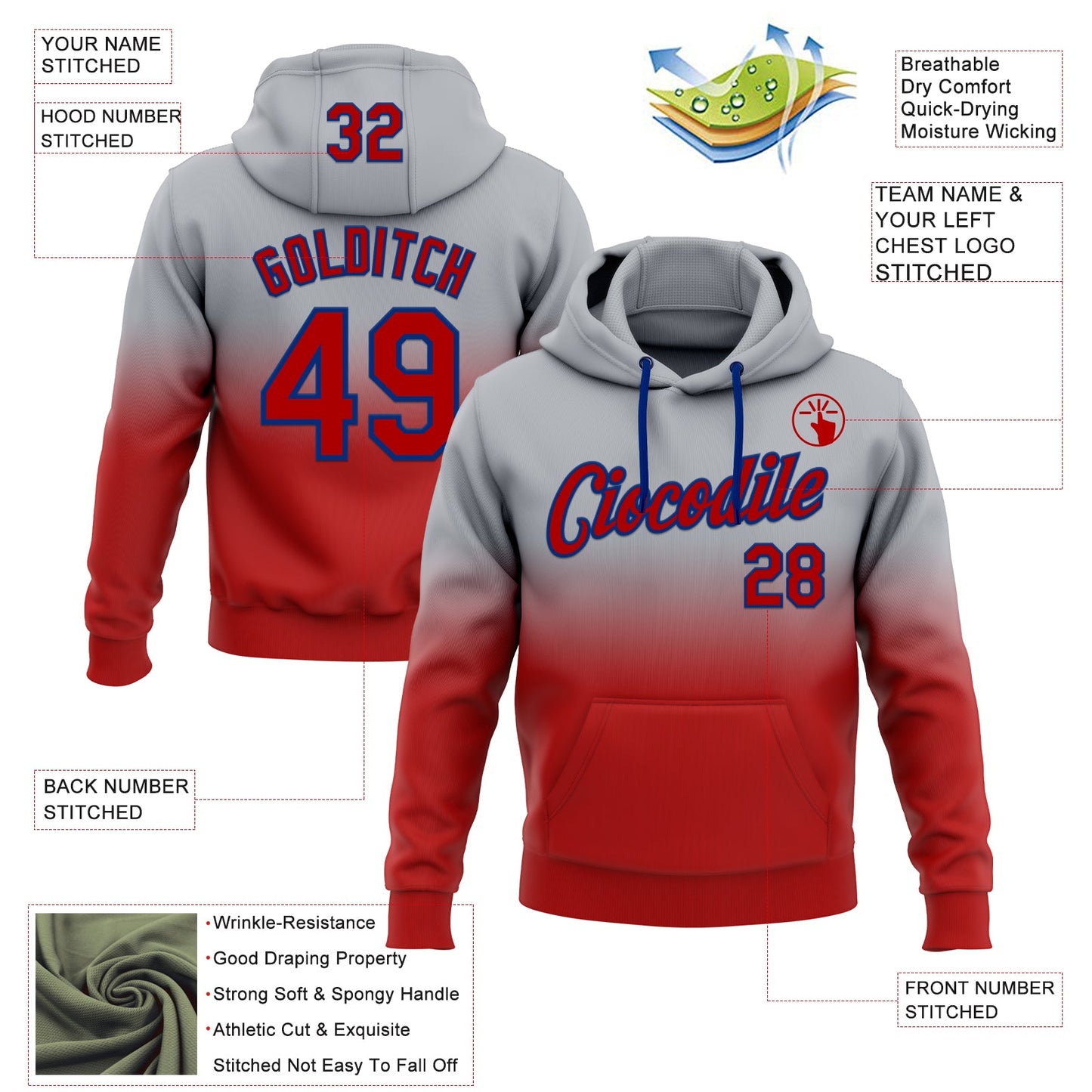 Custom Stitched Gray Red-Royal Fade Fashion Sports Pullover Sweatshirt Hoodie