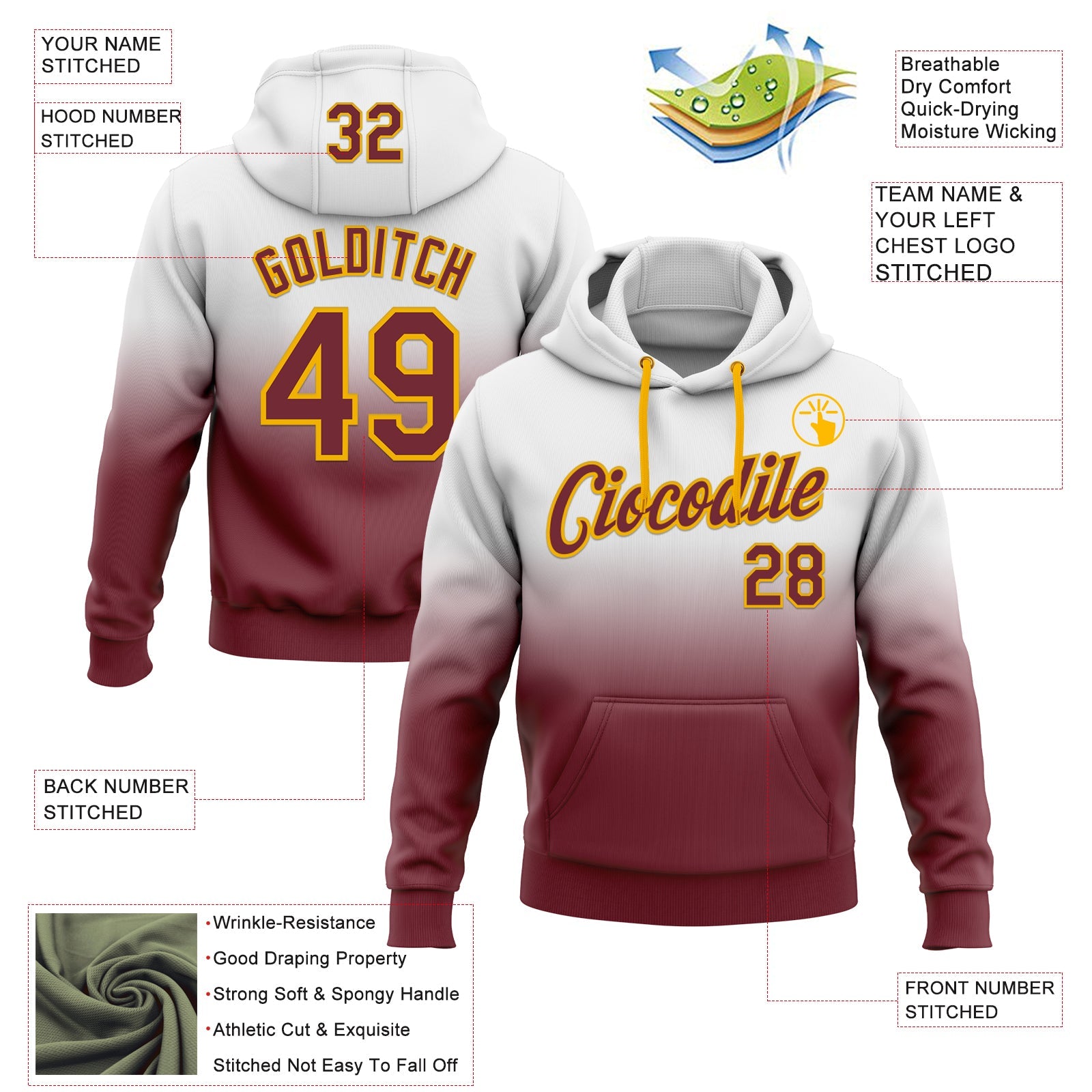 Custom Stitched White Burgundy-Gold Fade Fashion Sports Pullover Sweatshirt Hoodie