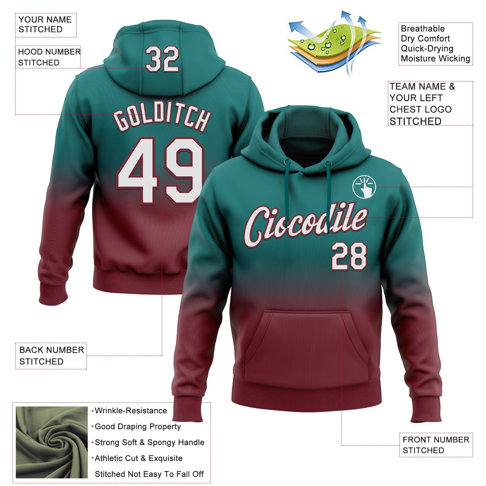 Custom Stitched Teal White-Burgundy Fade Fashion Sports Pullover Sweatshirt Hoodie