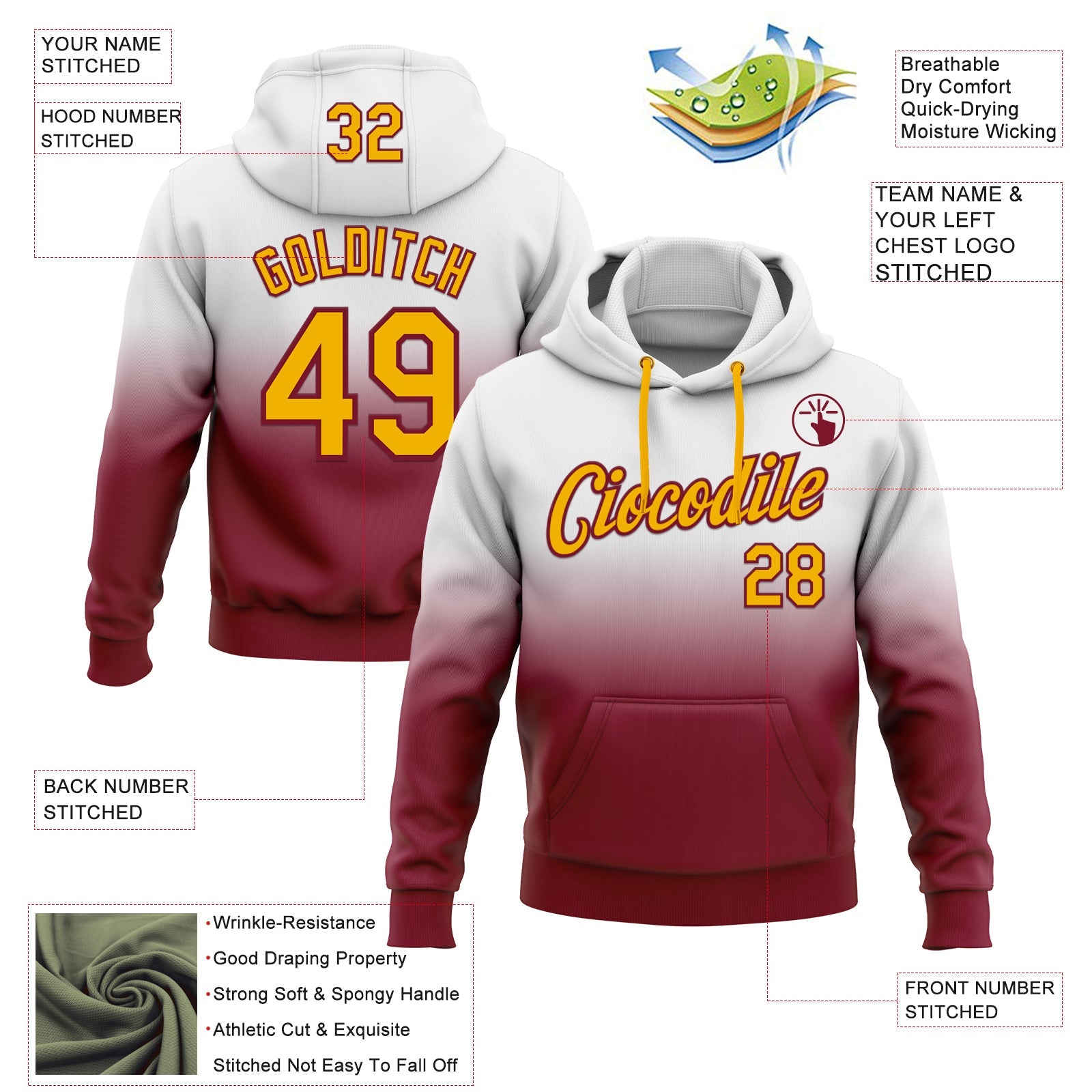 Custom Stitched White Gold-Crimson Fade Fashion Sports Pullover Sweatshirt Hoodie