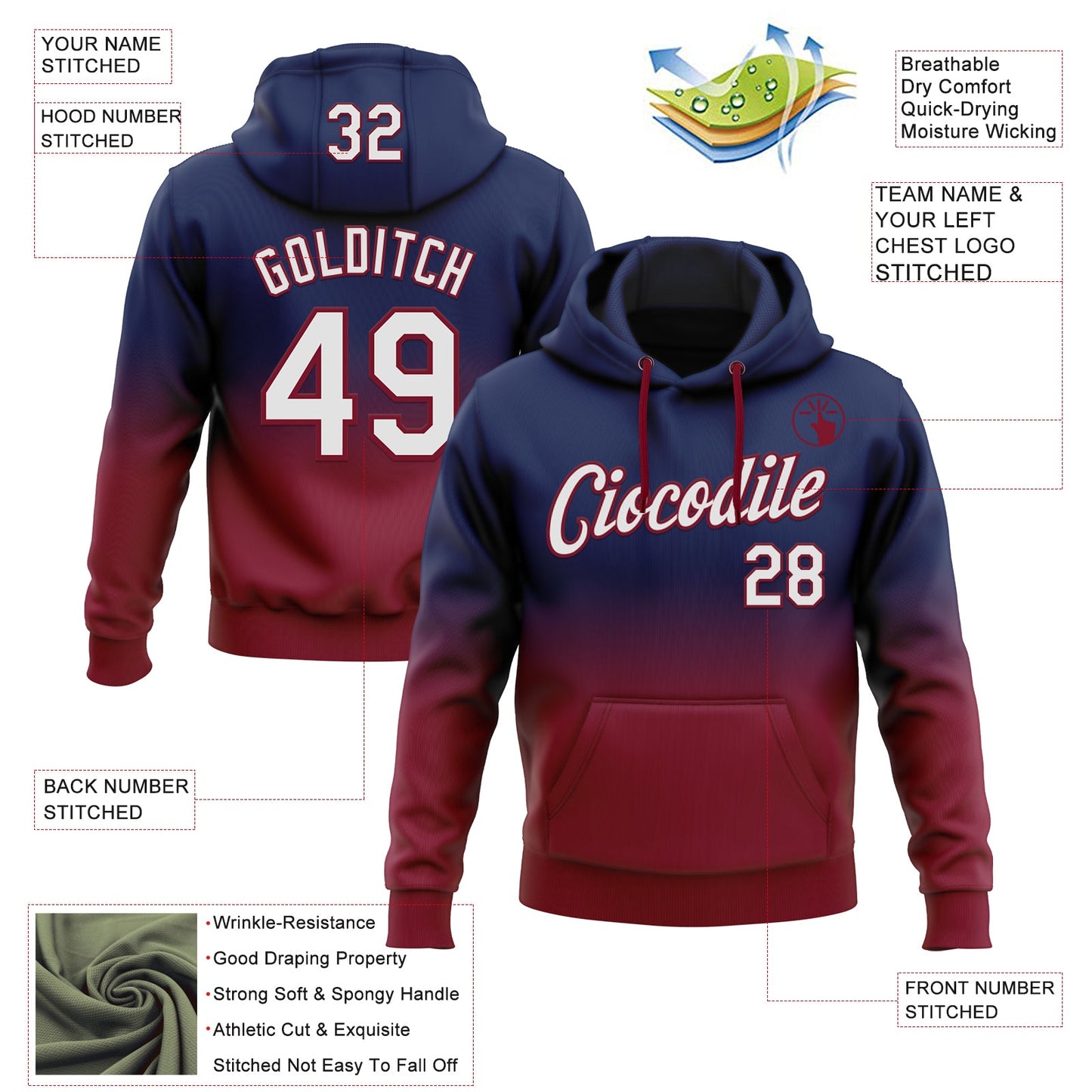Custom Stitched Navy White-Crimson Fade Fashion Sports Pullover Sweatshirt Hoodie