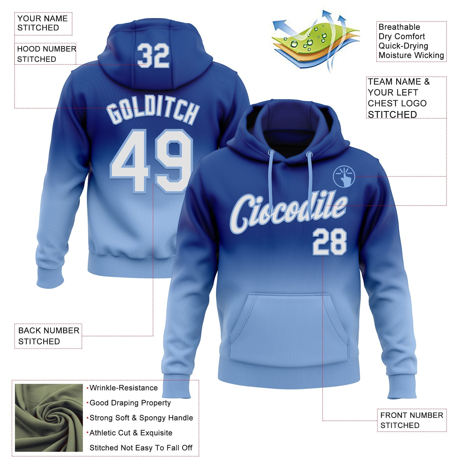 Custom Stitched Royal White-Light Blue Fade Fashion Sports Pullover Sweatshirt Hoodie