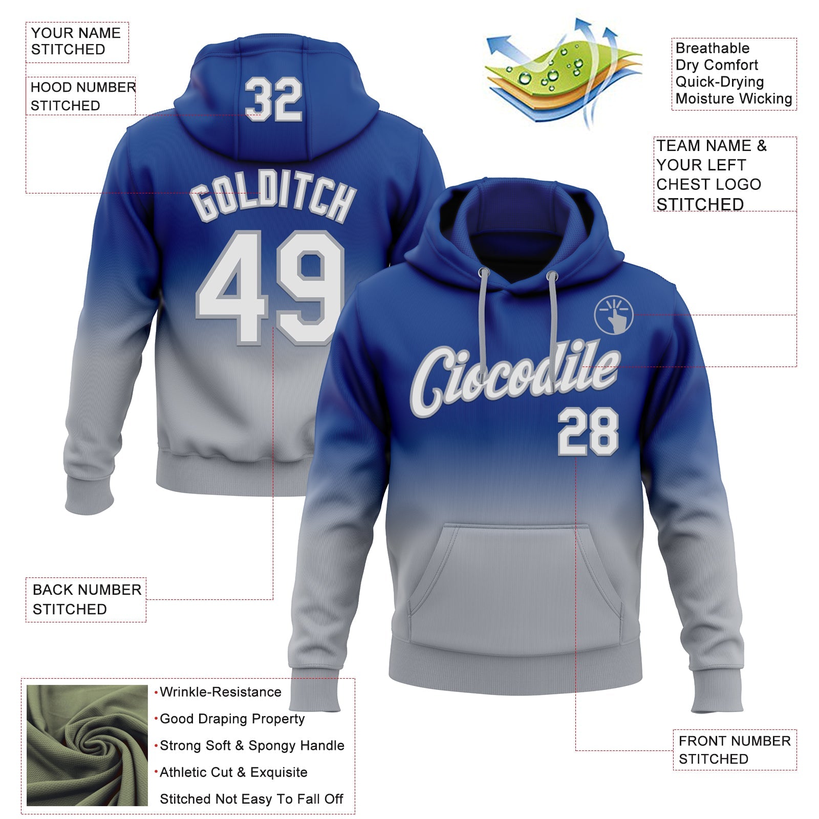 Custom Stitched Royal White-Gray Fade Fashion Sports Pullover Sweatshirt Hoodie