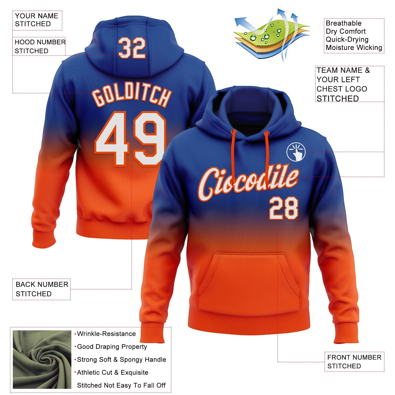 Custom Stitched Royal White-Orange Fade Fashion Sports Pullover Sweatshirt Hoodie