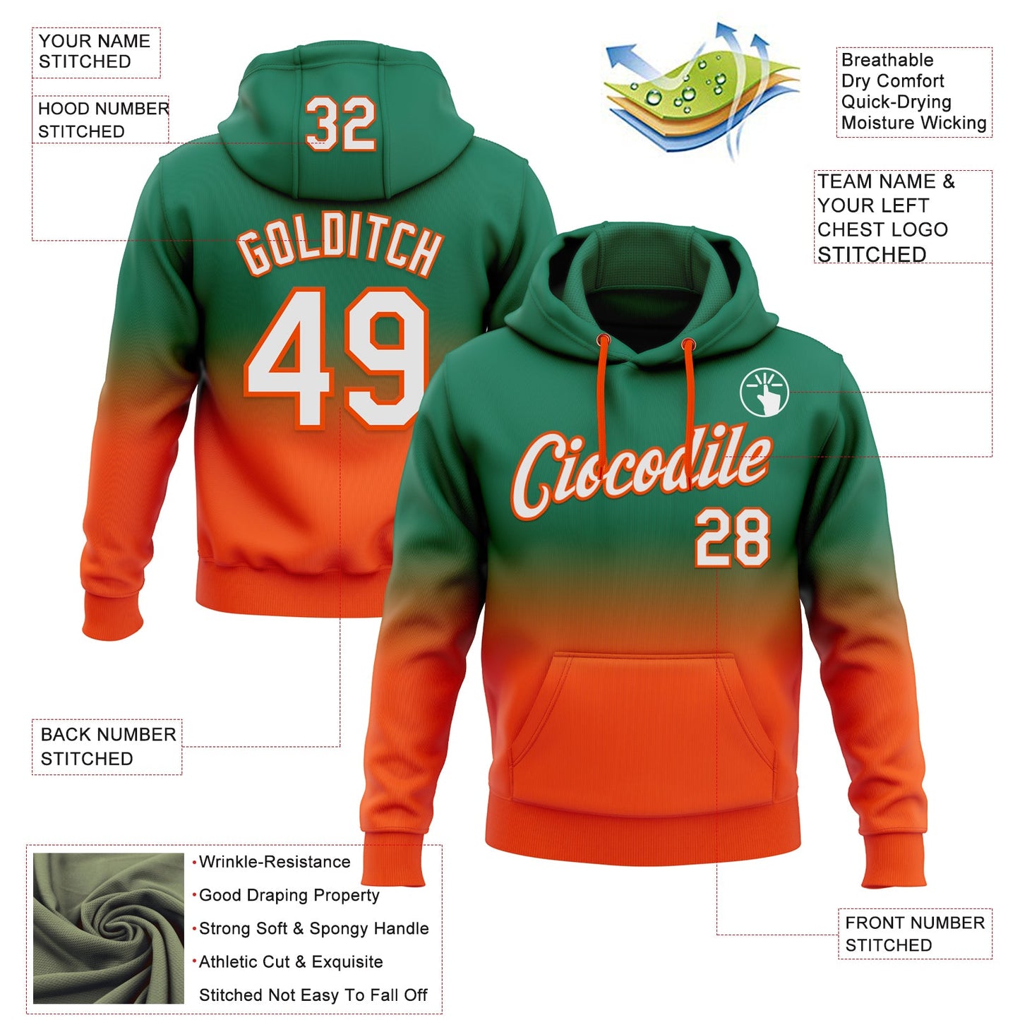 Custom Stitched Kelly Green White-Orange Fade Fashion Sports Pullover Sweatshirt Hoodie