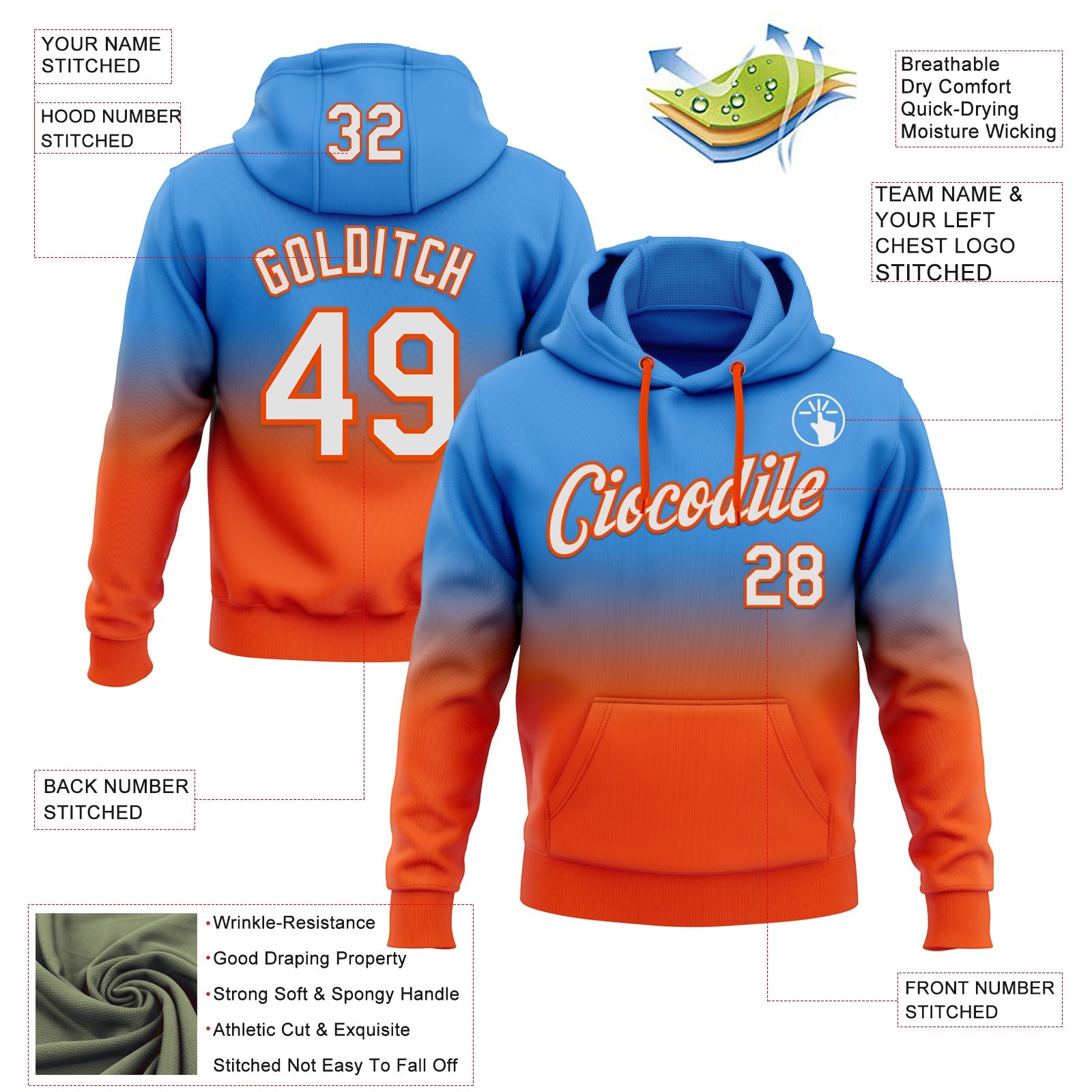 Custom Stitched Powder Blue White-Orange Fade Fashion Sports Pullover Sweatshirt Hoodie