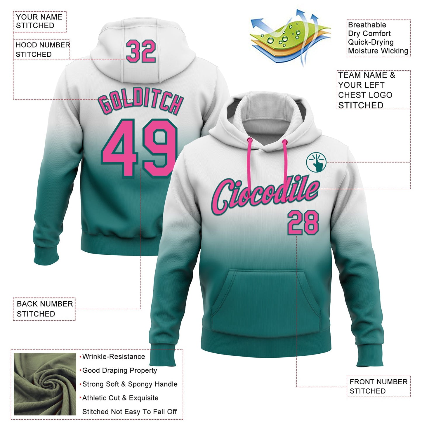 Custom Stitched White Pink-Teal Fade Fashion Sports Pullover Sweatshirt Hoodie