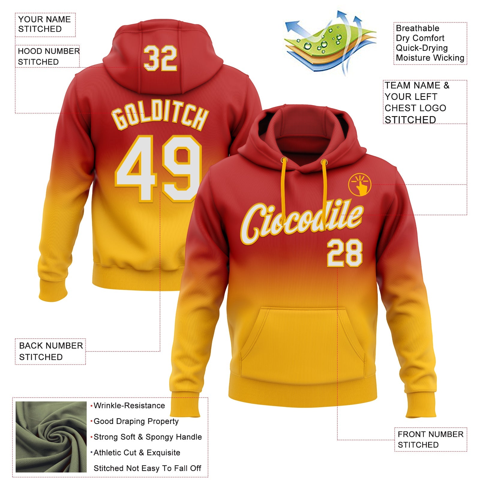 Custom Stitched Red White-Gold Fade Fashion Sports Pullover Sweatshirt Hoodie