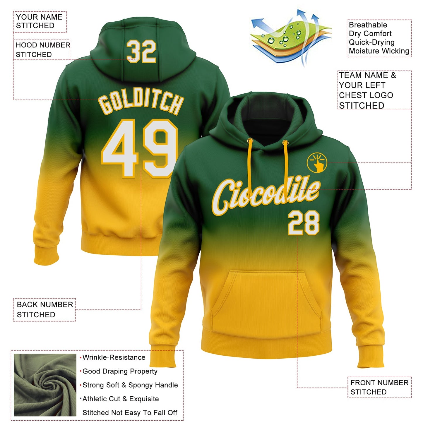 Custom Stitched Green White-Gold Fade Fashion Sports Pullover Sweatshirt Hoodie